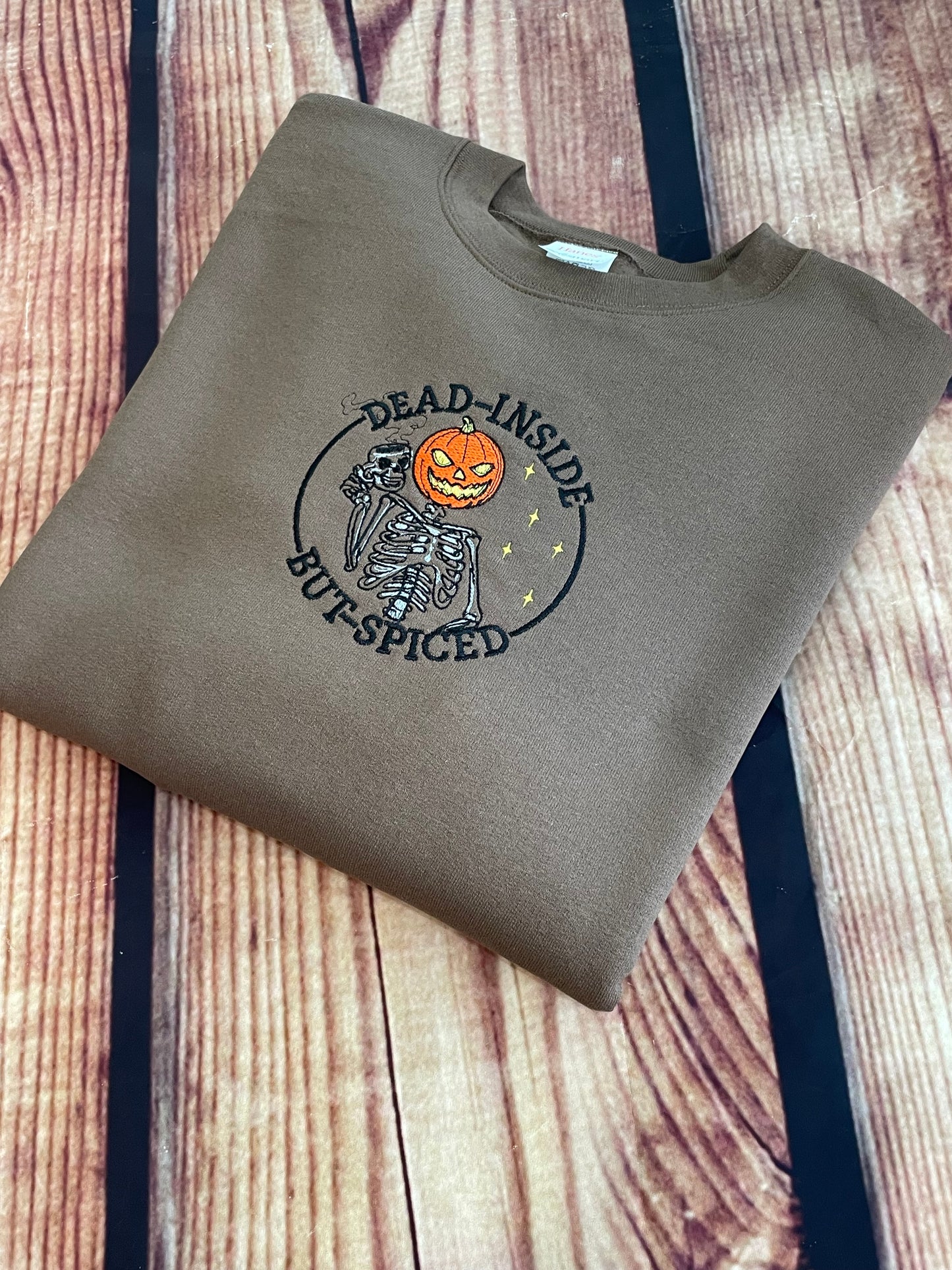 Custom Embroidered Dead Inside But Spiced Halloween Sweatshirt | Holiday Sweatshirt | Everyday Gift | Pumpkin Spice Sweatshirt|