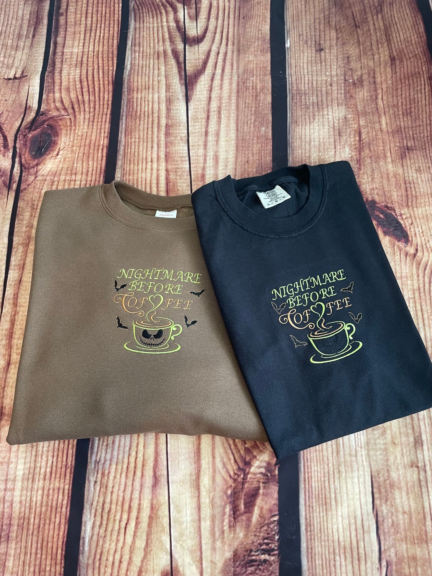 Custom Embroidered Nightmare Before Coffee Halloween Sweatshirt  | Everyday Gift | Holiday Sweatshirt