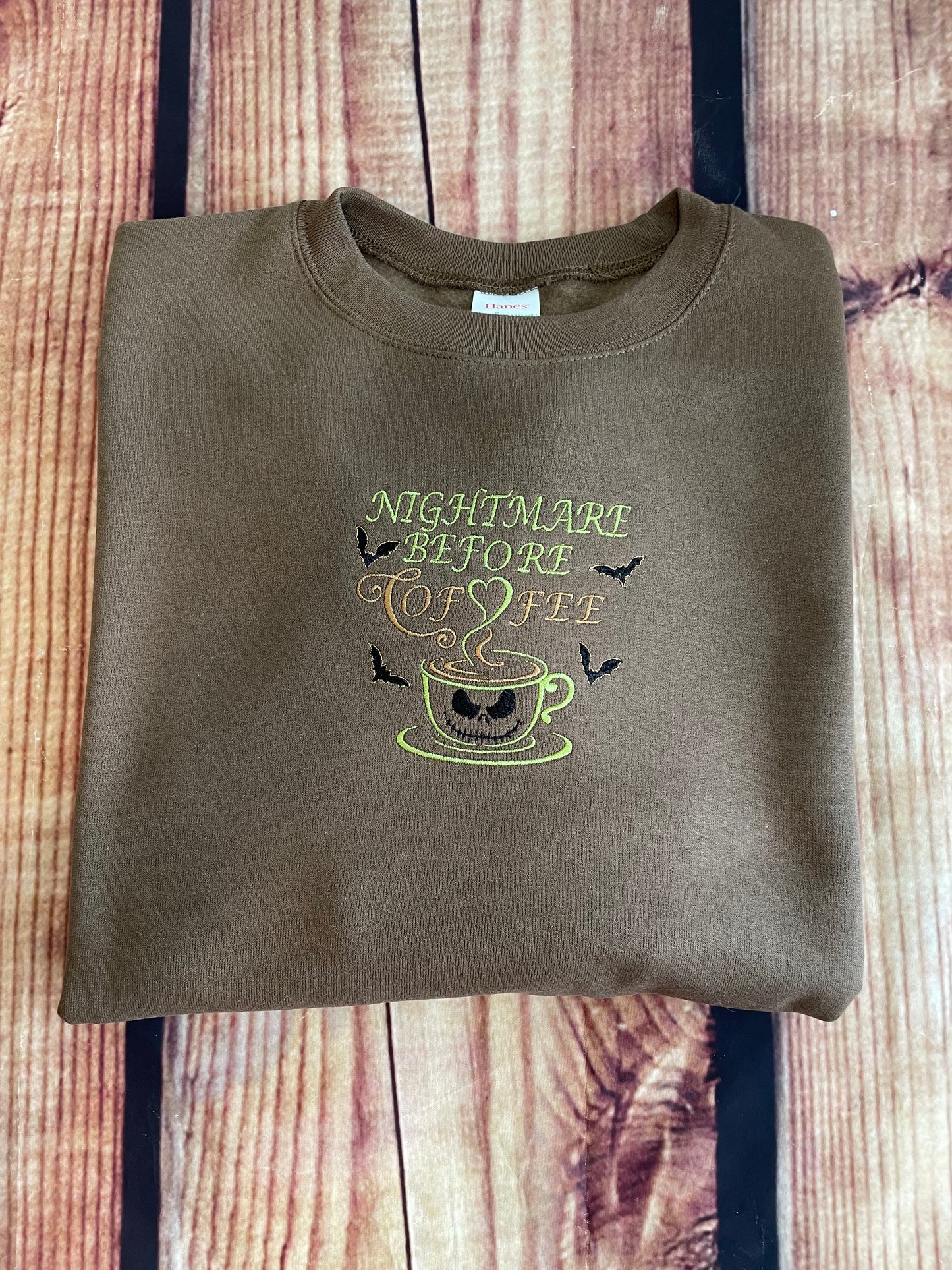 Custom Embroidered Nightmare Before Coffee Halloween Sweatshirt  | Everyday Gift | Holiday Sweatshirt