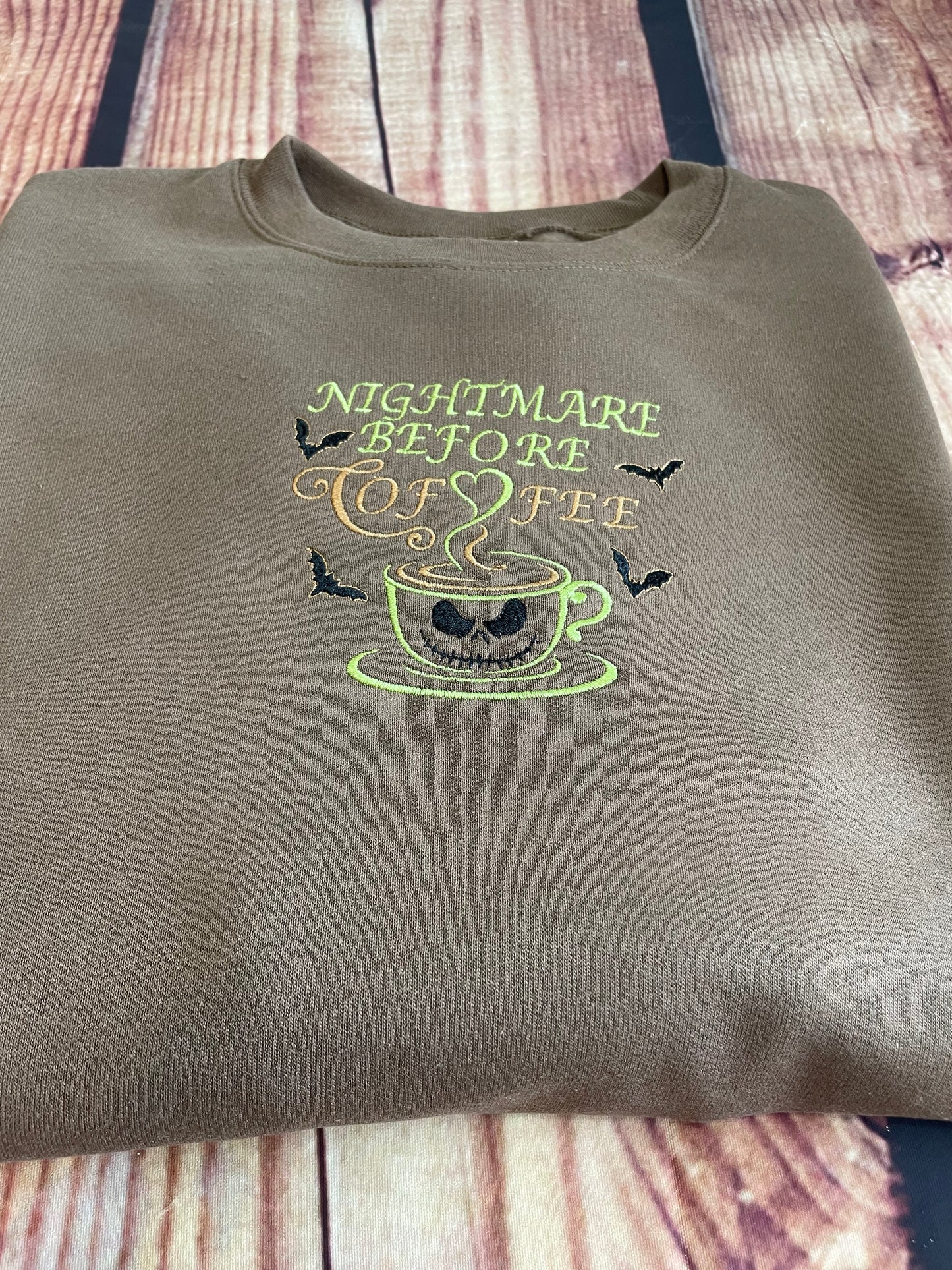 Custom Embroidered Nightmare Before Coffee Halloween Sweatshirt  | Everyday Gift | Holiday Sweatshirt