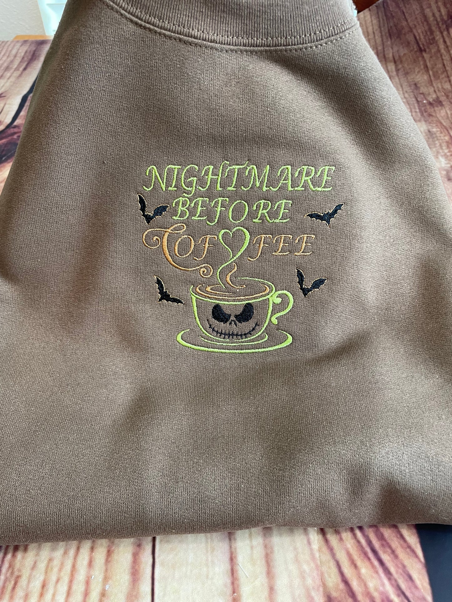 Custom Embroidered Nightmare Before Coffee Halloween Sweatshirt  | Everyday Gift | Holiday Sweatshirt