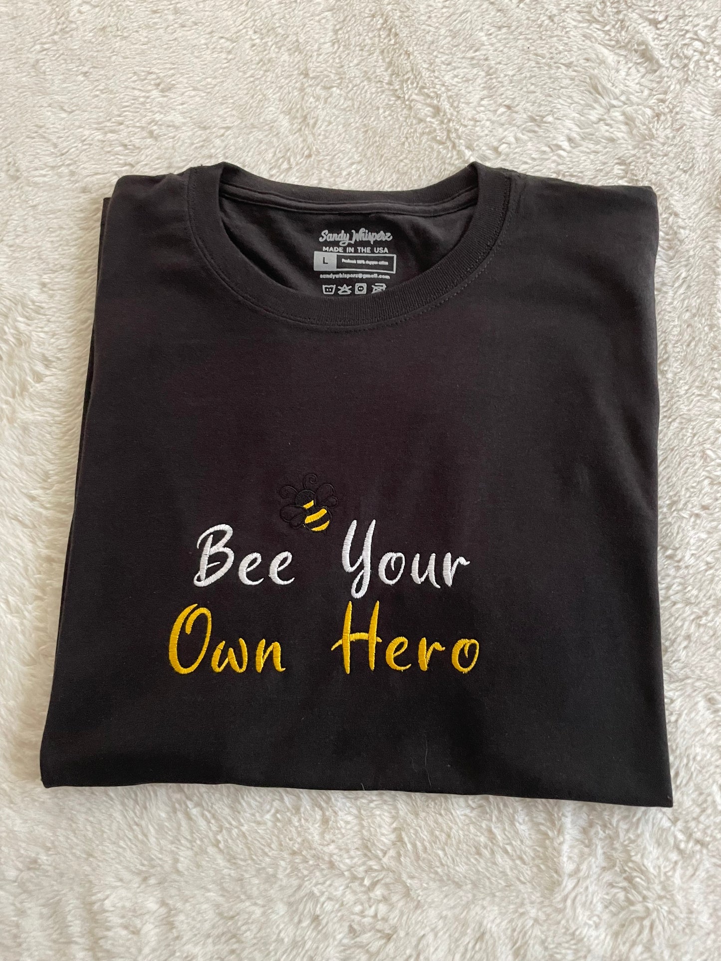 Custom Embroidered Bee Your Own Hero Bumble Bee Motivational Tshirt | Embroidered Bee Tshirt | Embroidered Motivational Tshirt