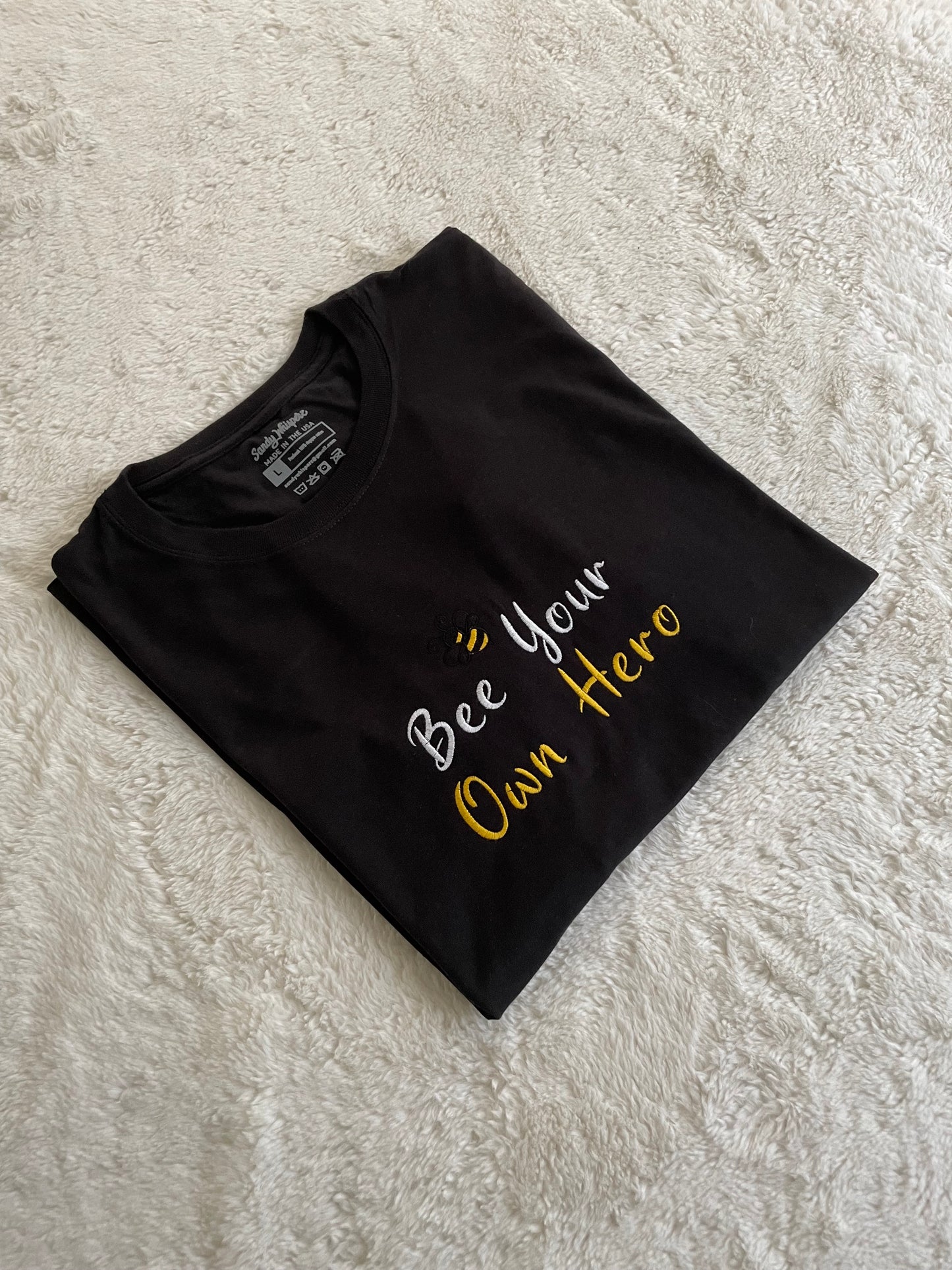 Custom Embroidered Bee Your Own Hero Bumble Bee Motivational Tshirt | Embroidered Bee Tshirt | Embroidered Motivational Tshirt