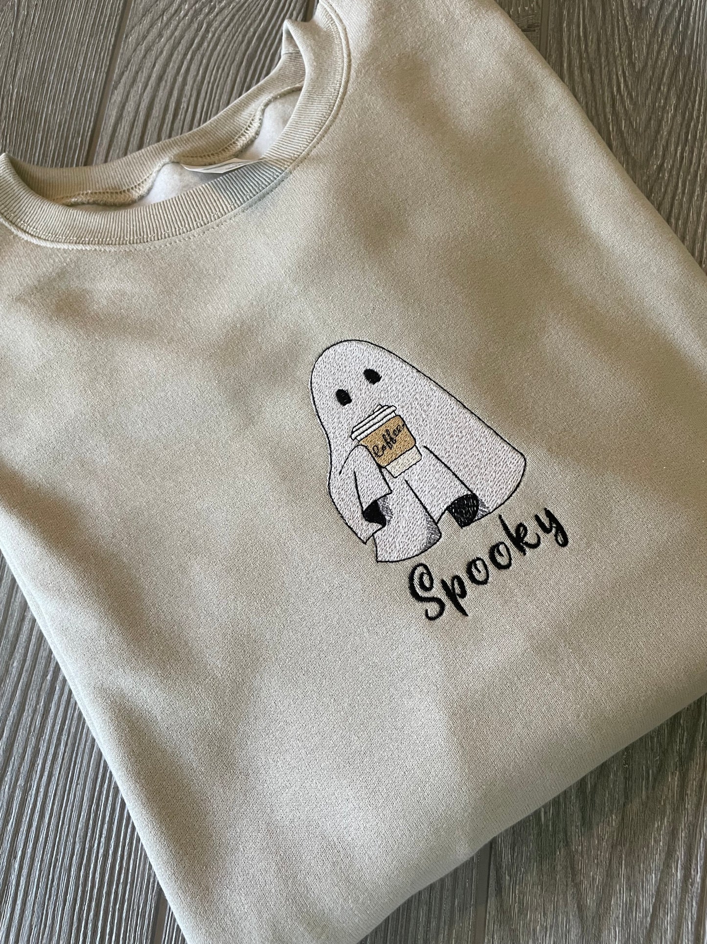 Custom Embroidered Halloween Fall Spooky Coffee Ghost Sweatshirt| Embroidered Sweatshirt | Ghost Sweatshirt | Halloween Sweatshirt