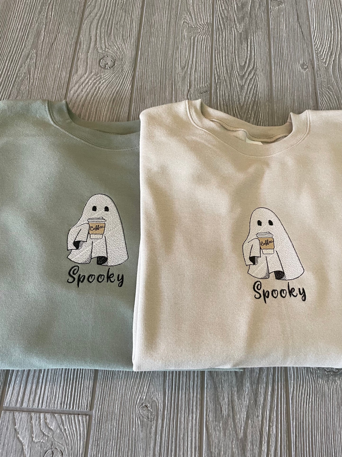 Custom Embroidered Halloween Fall Spooky Coffee Ghost Sweatshirt| Embroidered Sweatshirt | Ghost Sweatshirt | Halloween Sweatshirt