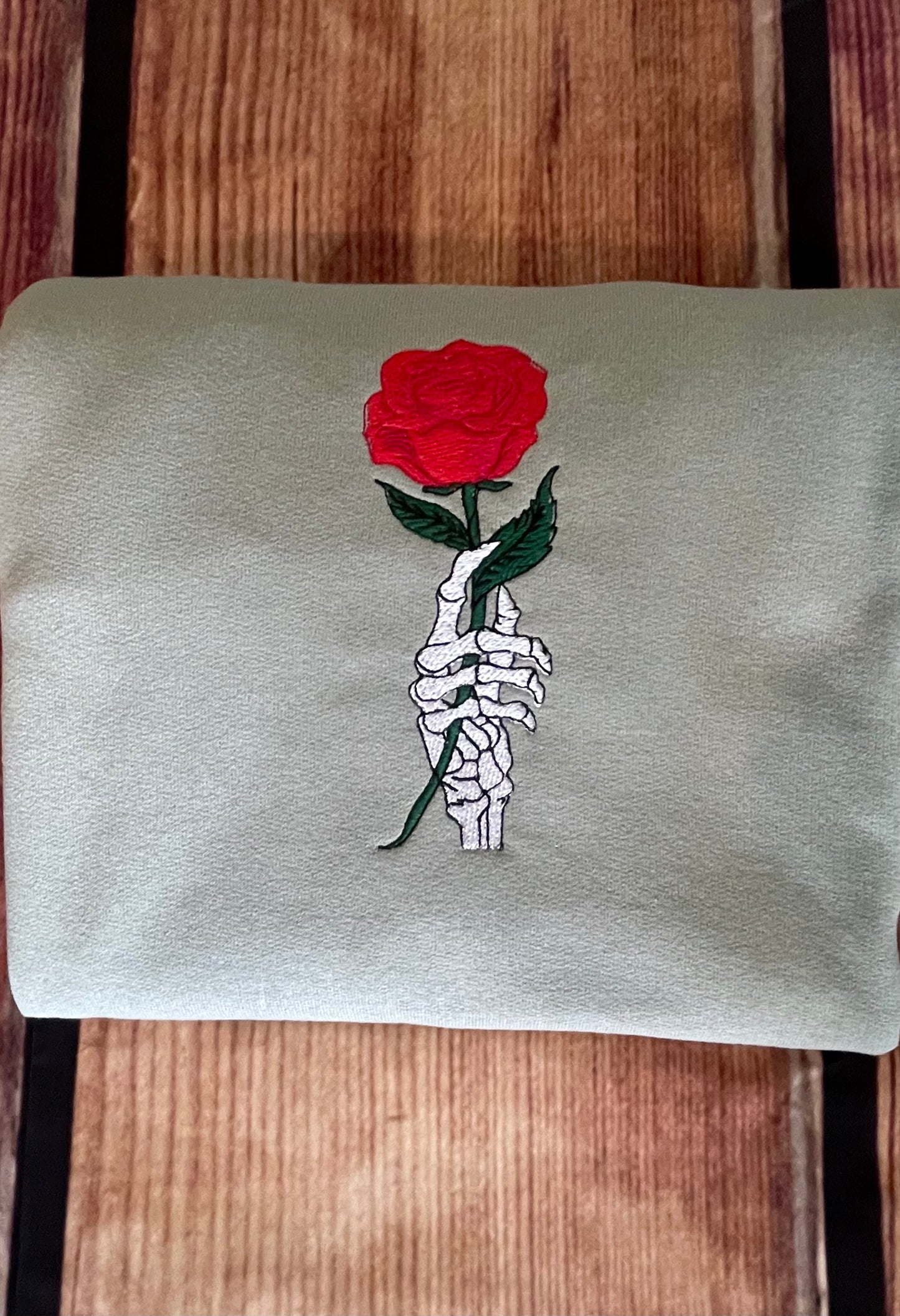 Womens Embroidered Halloween Skeleton Holding Rose Sweatshirt