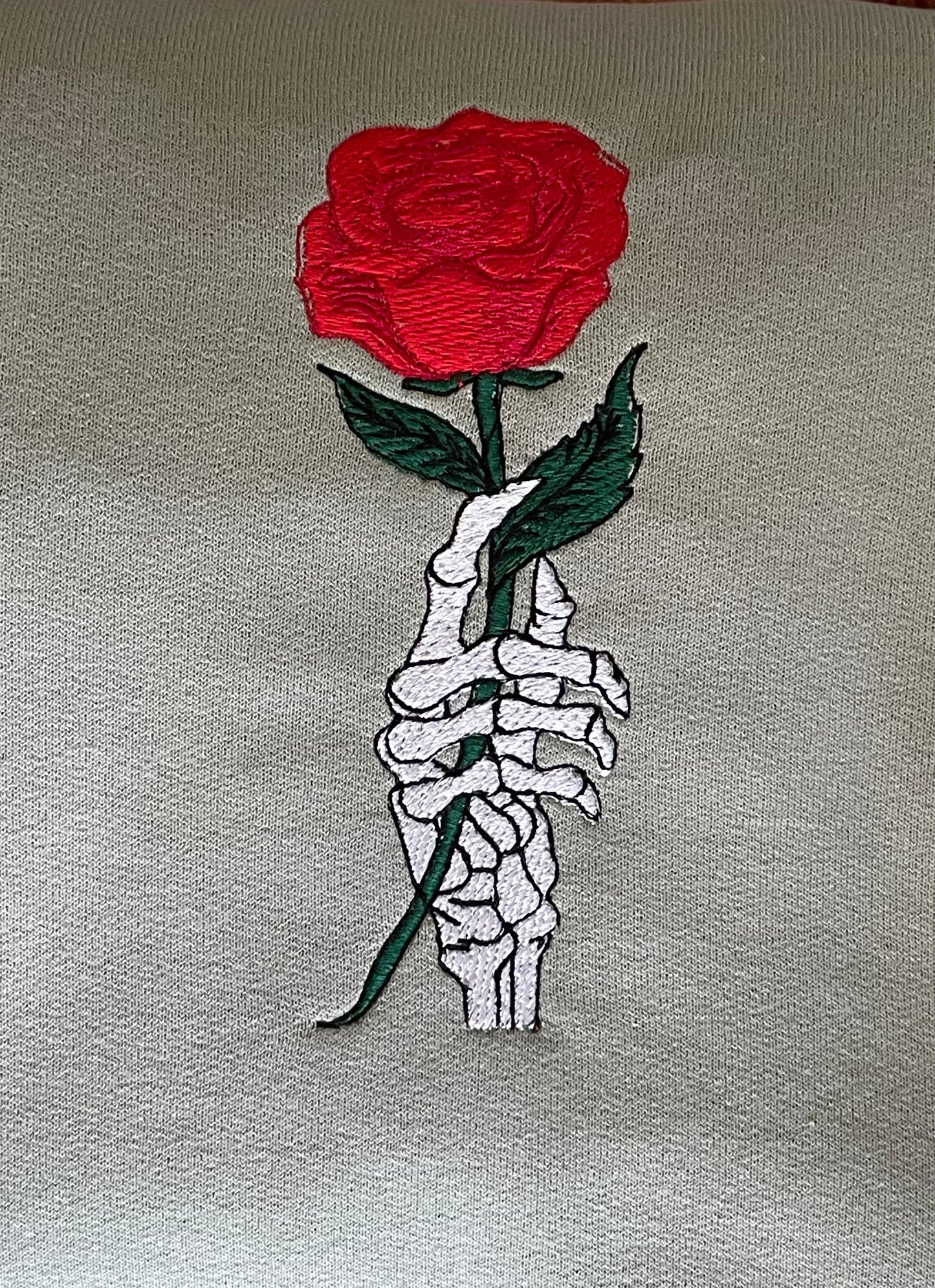 Womens Embroidered Halloween Skeleton Holding Rose Sweatshirt