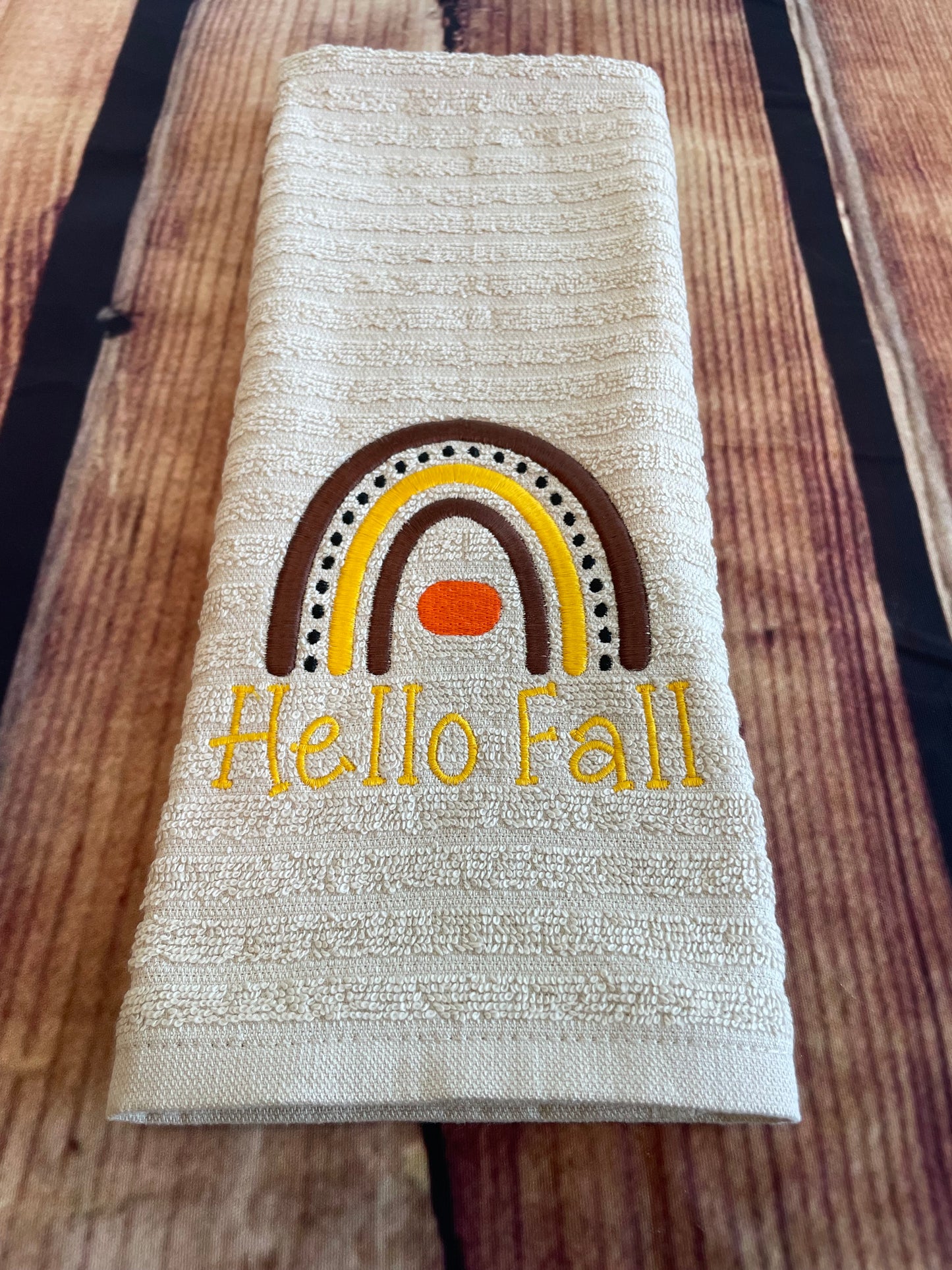 Custom Embroidered Hello Fall Rainbow Kitchen Seasonal Towel