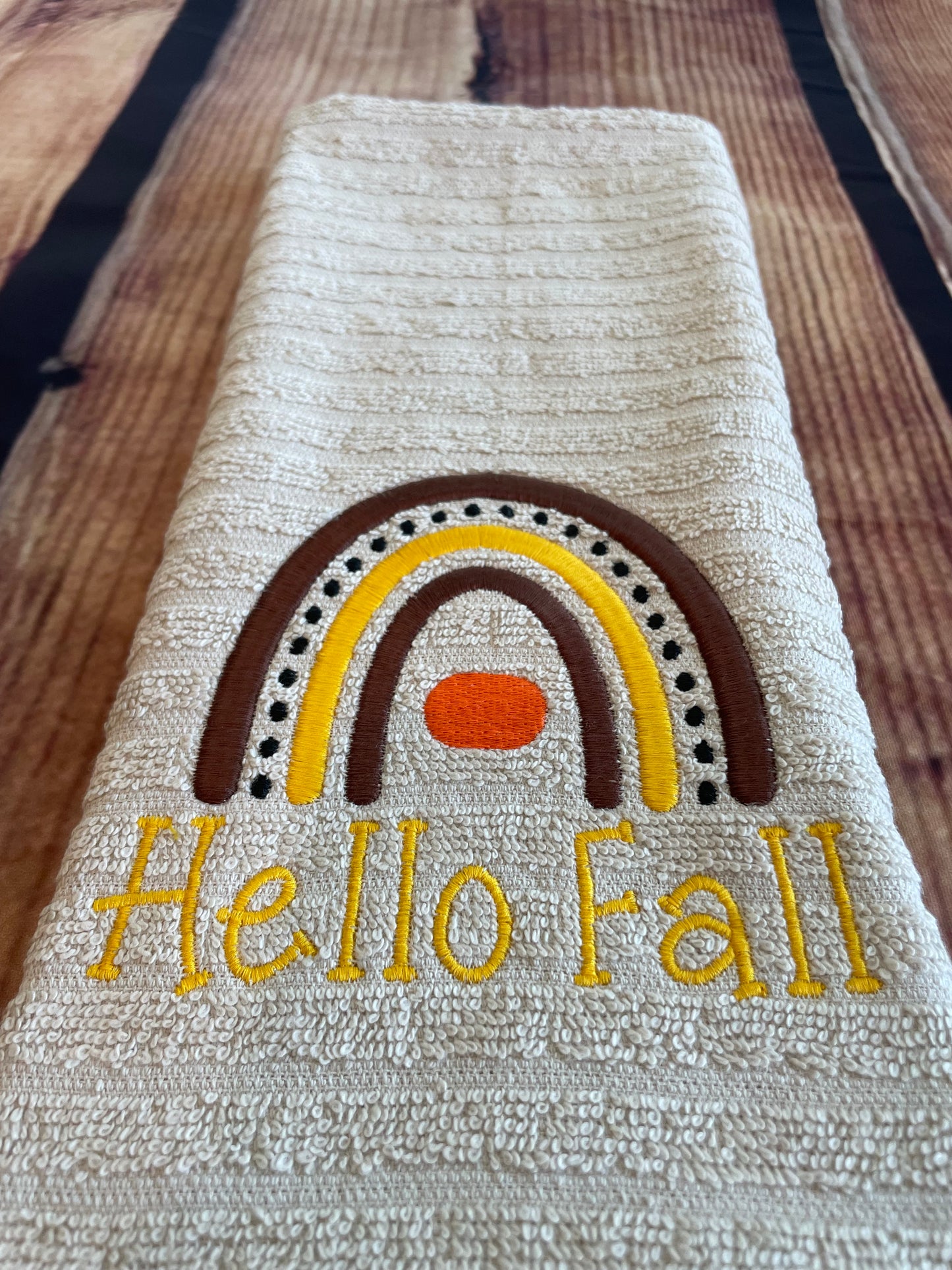 Custom Embroidered Hello Fall Rainbow Kitchen Seasonal Towel