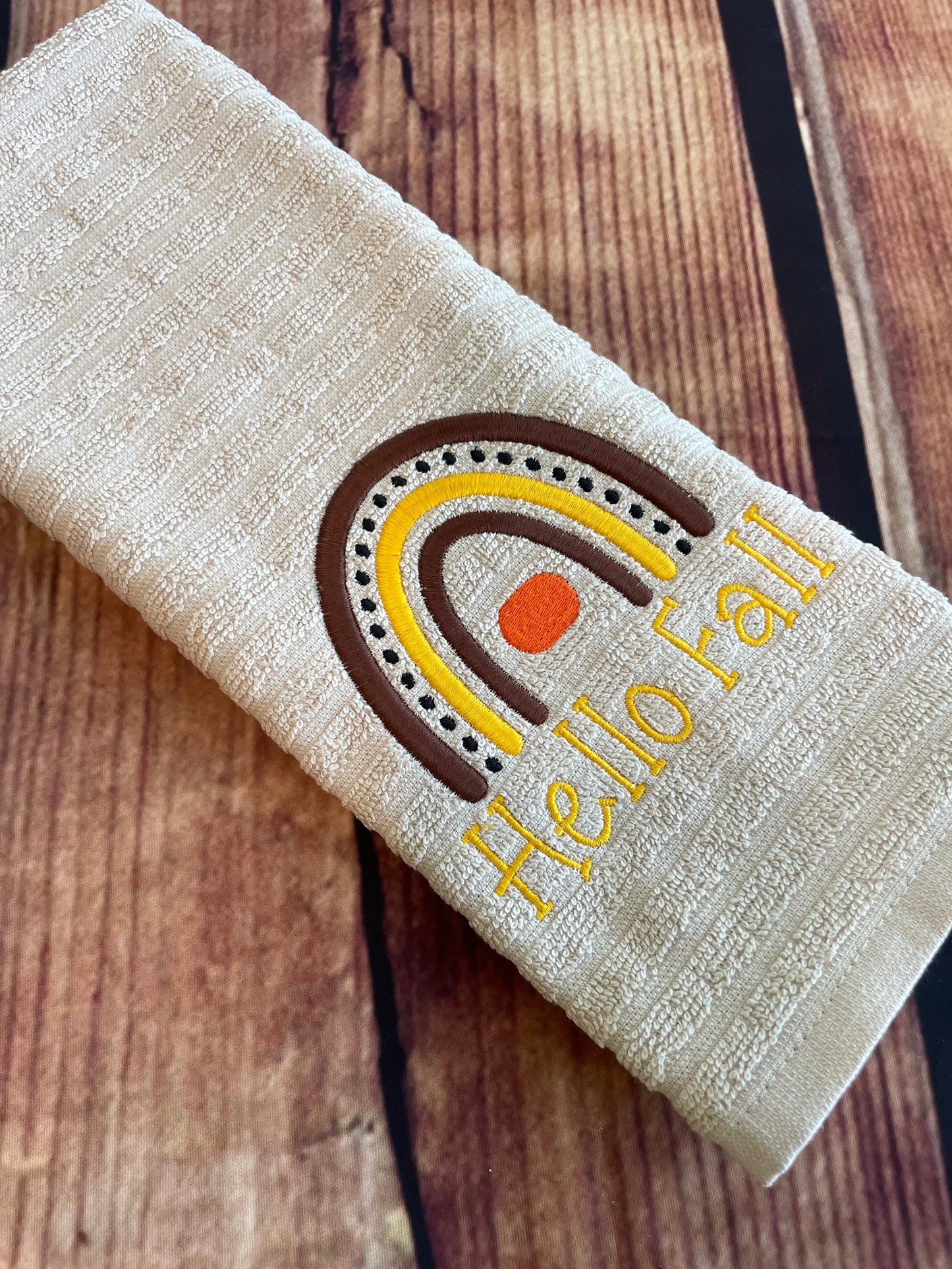 Custom Embroidered Hello Fall Rainbow Kitchen Seasonal Towel