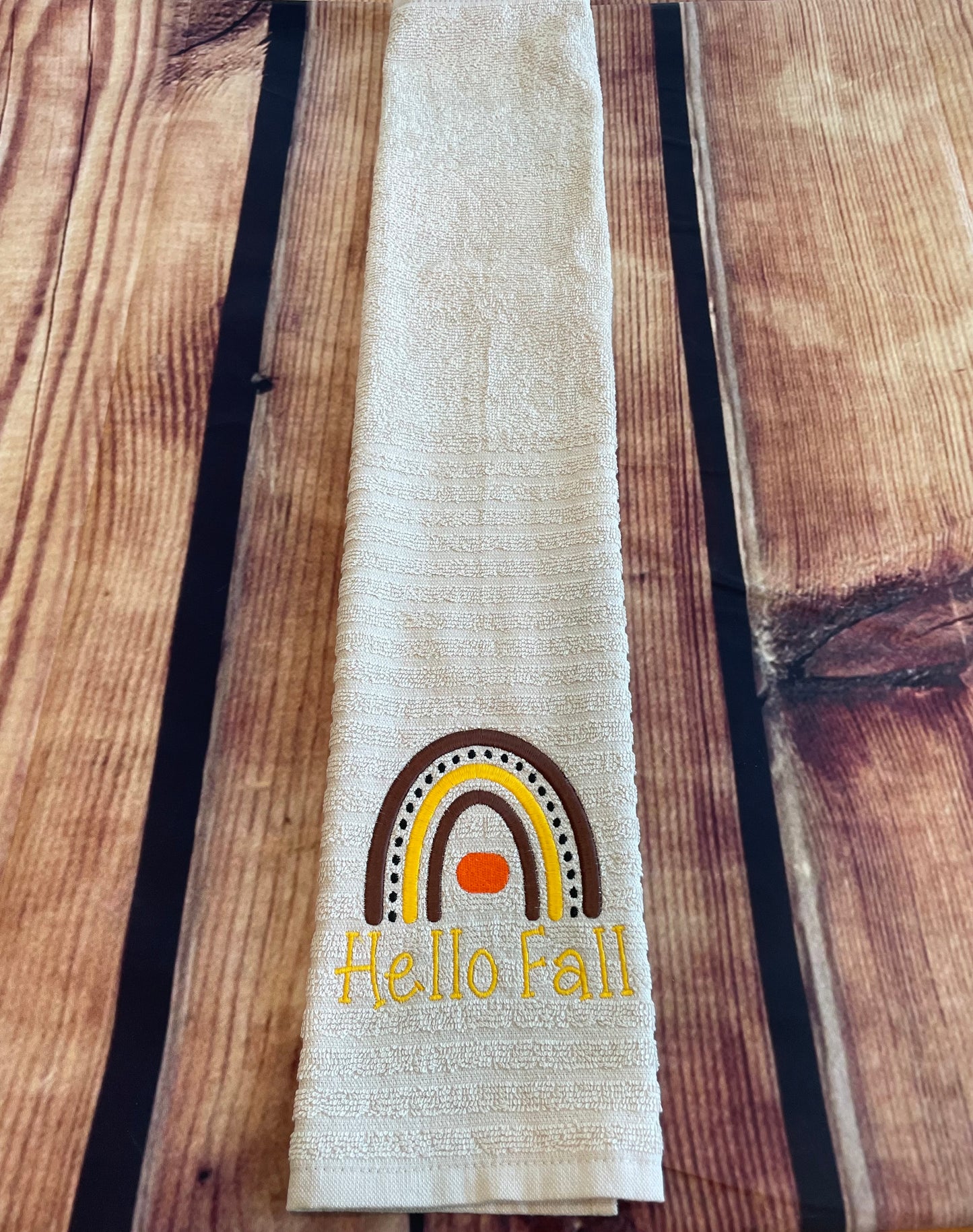 Custom Embroidered Hello Fall Rainbow Kitchen Seasonal Towel