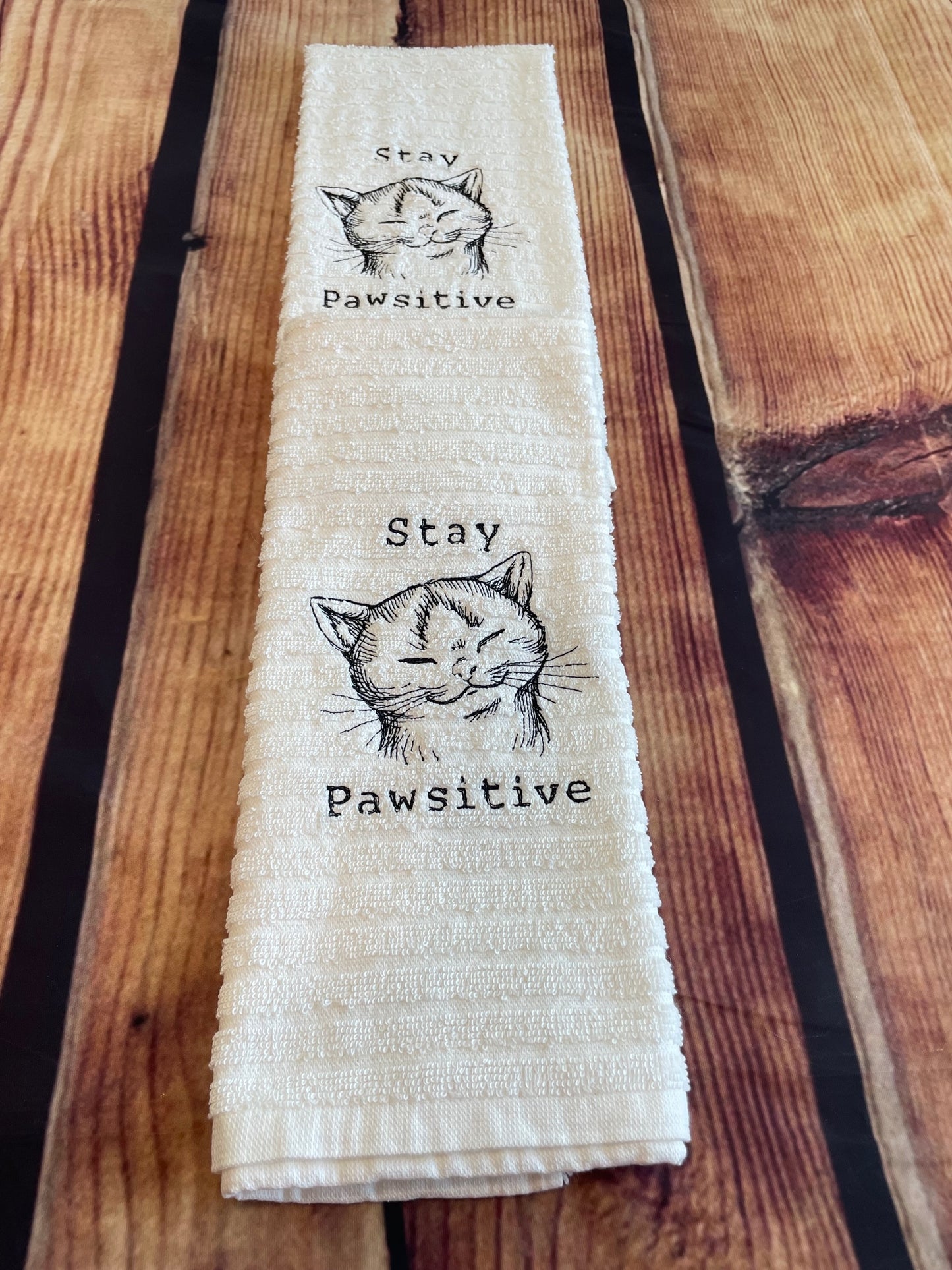 Custom Embroidered Stay Pawsitive Kitty Cat Positive Affirmation Kitchen Towel 2 for $20