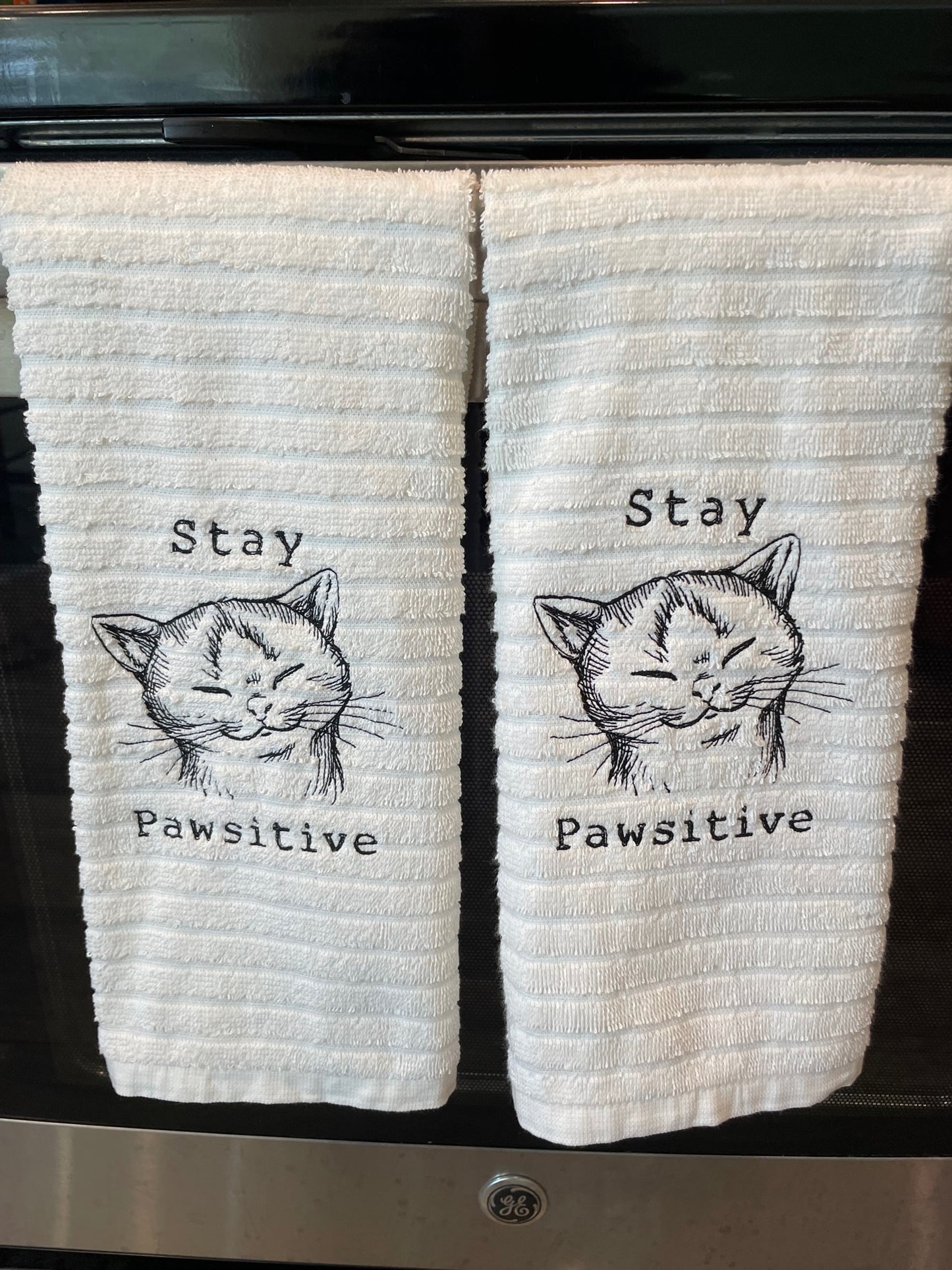 Custom Embroidered Stay Pawsitive Kitty Cat Positive Affirmation Kitchen Towel 2 for $20