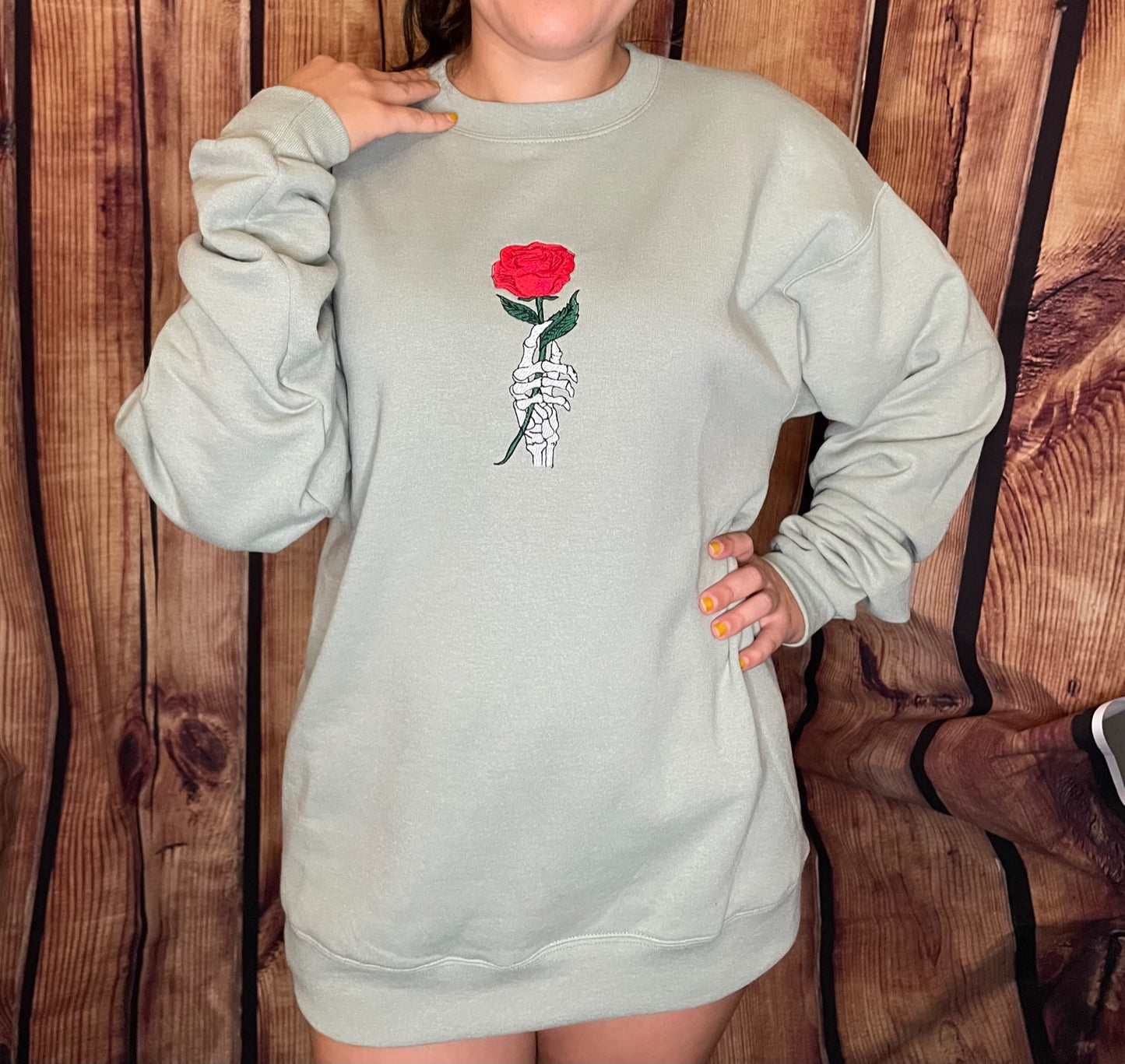 Womens Embroidered Halloween Skeleton Holding Rose Sweatshirt