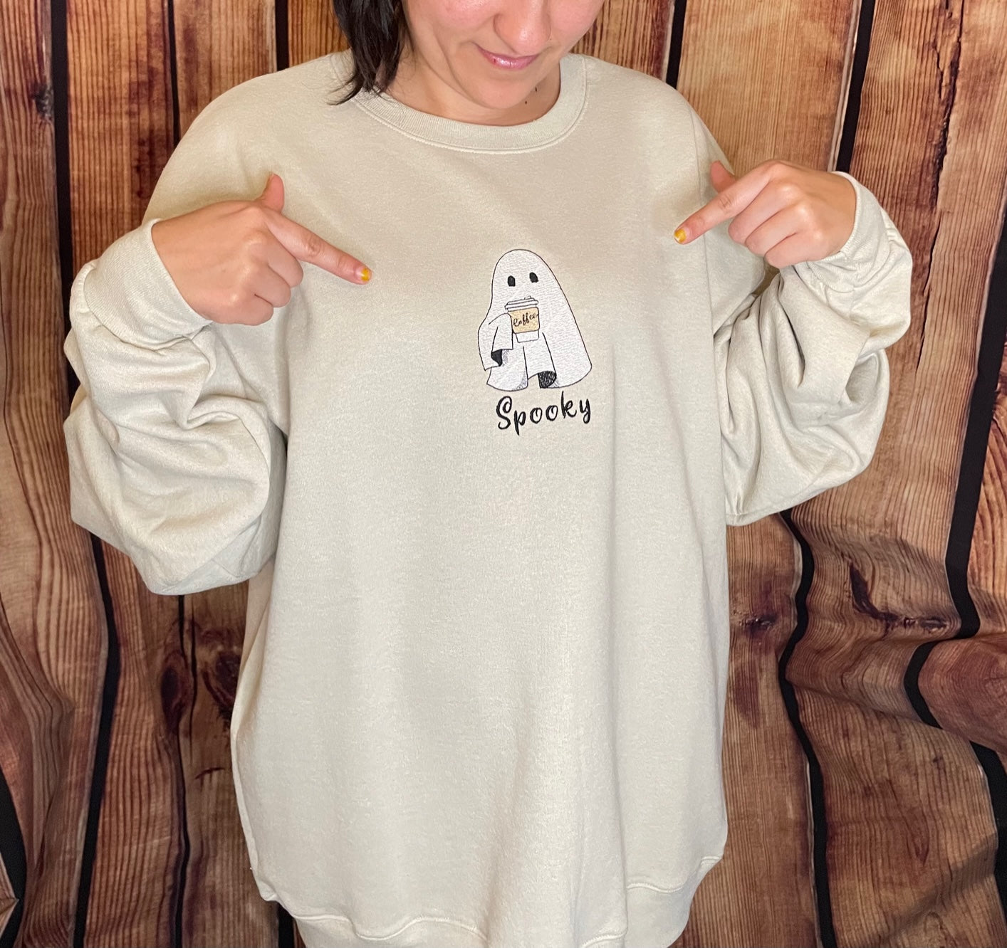 Custom Embroidered Halloween Fall Spooky Coffee Ghost Sweatshirt| Embroidered Sweatshirt | Ghost Sweatshirt | Halloween Sweatshirt