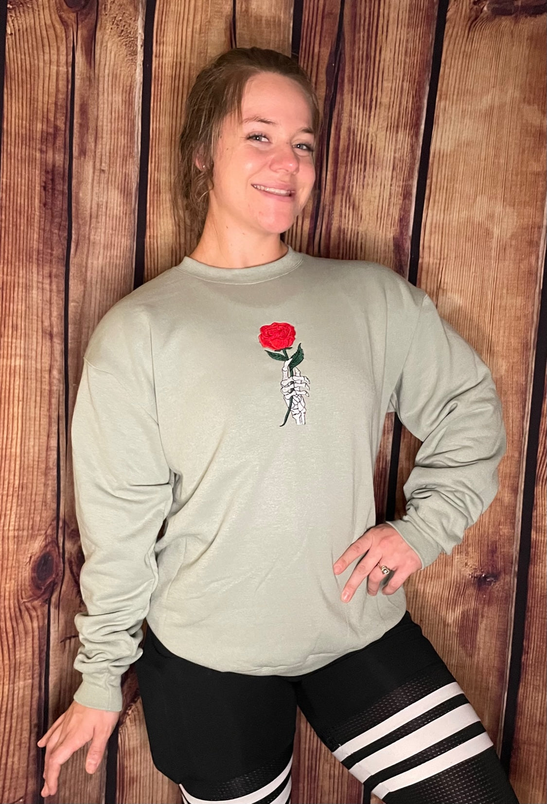 Womens Embroidered Halloween Skeleton Holding Rose Sweatshirt